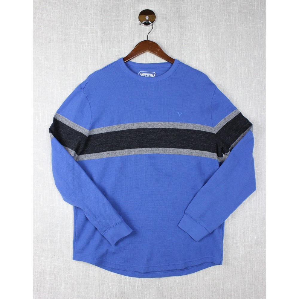 American Eagle Mens Large Blue Waffle Knit Thermal Stripe Long Sleeve Shirt